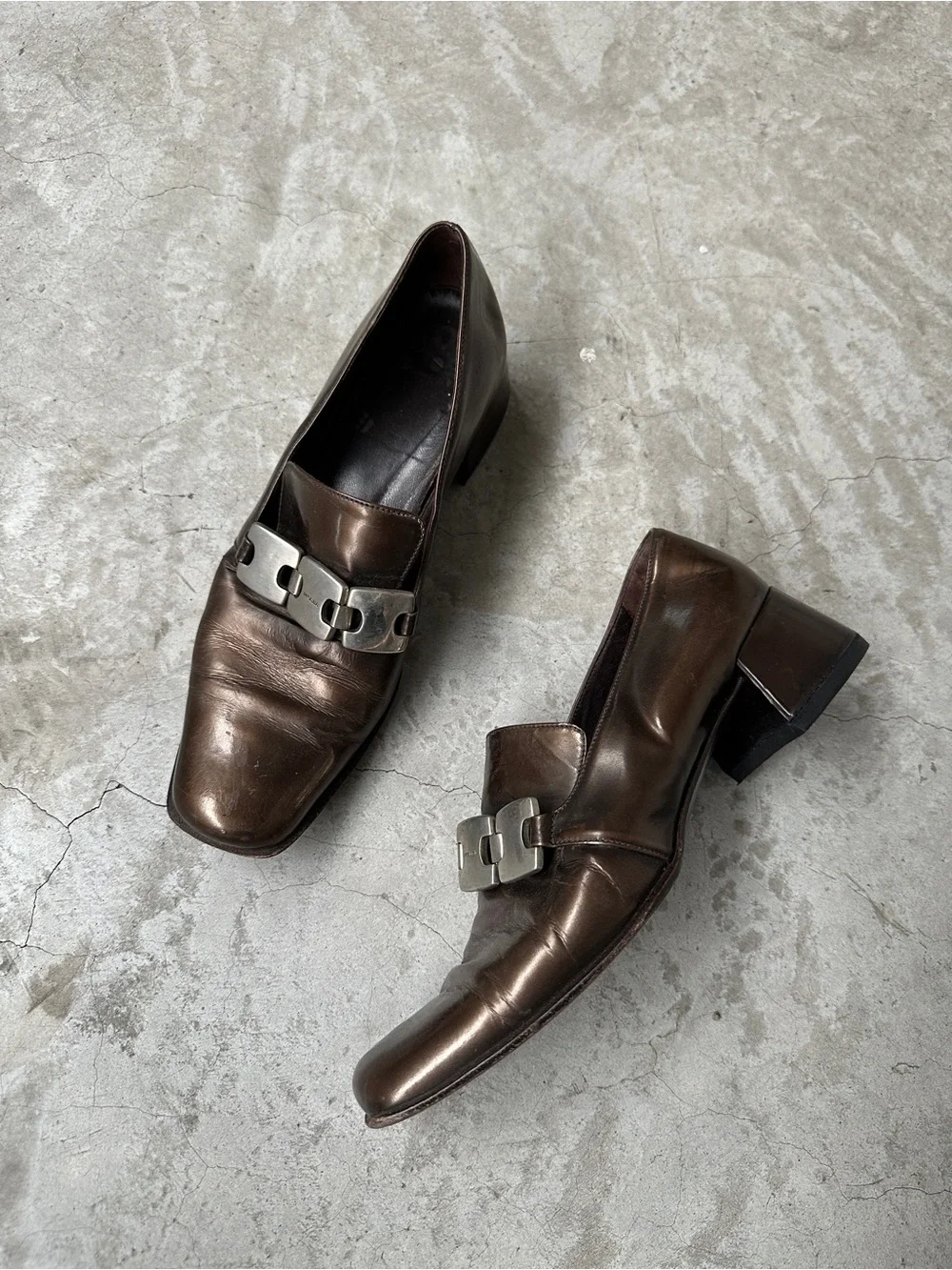 90’s Vintage Prada loafers 38 copper brown block heel square toe silver hardware